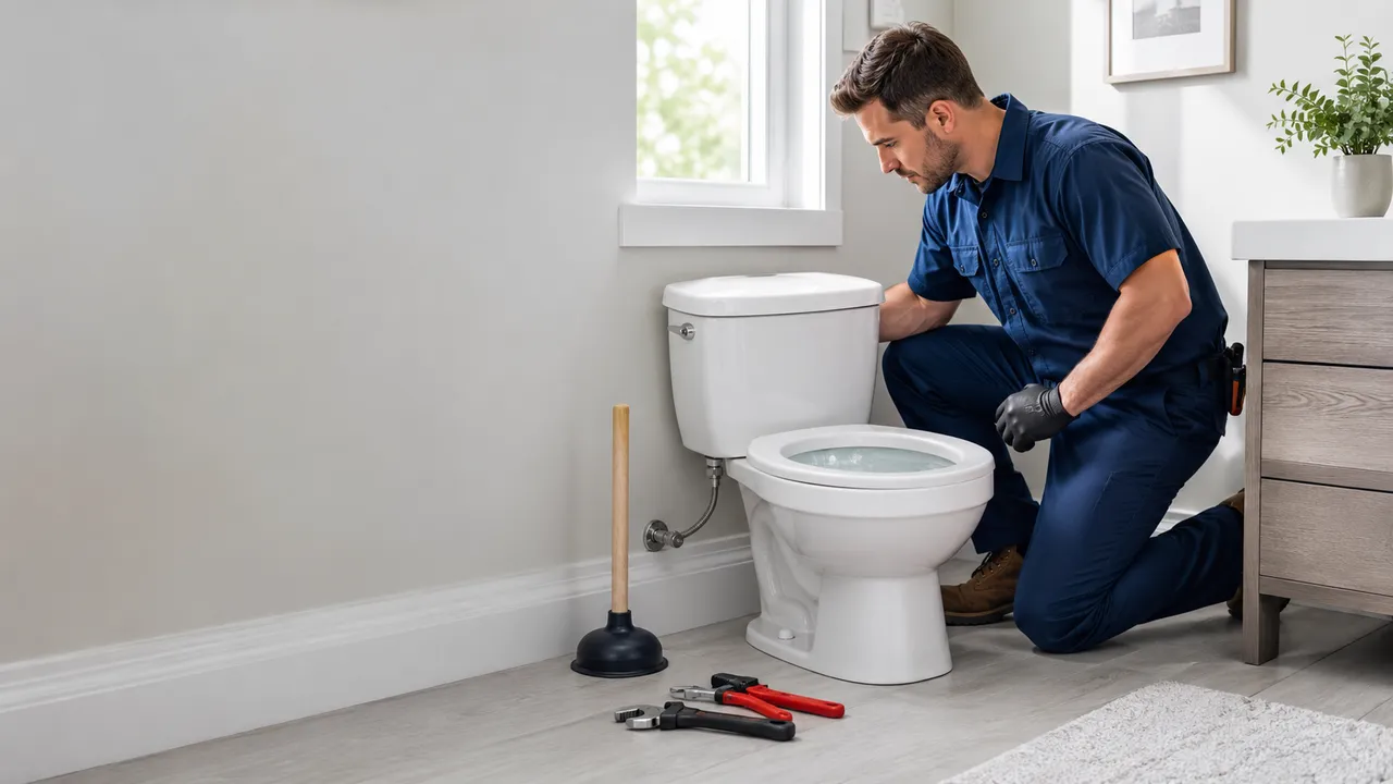 Plombier débouchant des toilettes avec une ventouse dans une salle de bain à Fontenay-sous-Bois