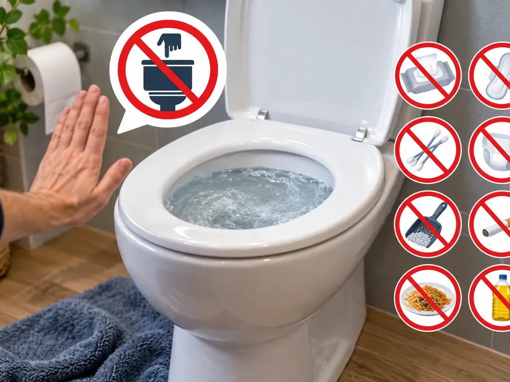 WC trop plein avec pictogrammes d'interdiction : lingettes, protections hygiéniques, cotons-tiges, litière, restes alimentaires et huiles, à Fontenay-sous-Bois